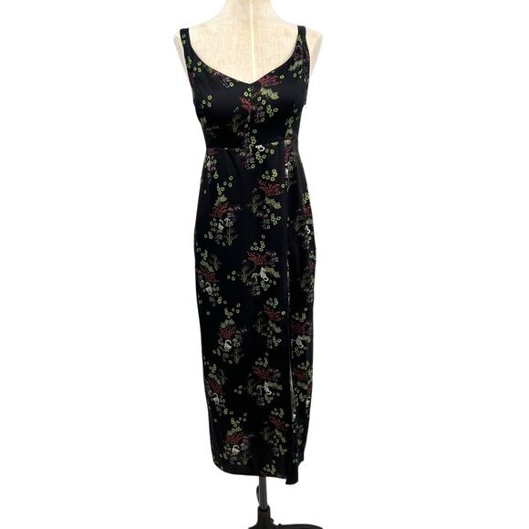 Urban Outfitters Mikayla Floral Midi Dress Cat Print Satin Black Size Small - Picture 2 of 15